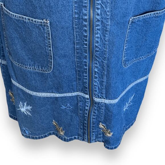 Vintage 90s Denim Jumper Dress Zip Front Autumn Leaf Embroidery Sleeveless Plus - Picture 5 of 12